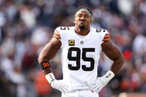 FOXBOROUGH, MASSACHUSETTS - OCTOBER 26: Myles Garrett #95 of the Cleveland Browns looks on during the second quarter in the game against the New England Patriots at Gillette Stadium on October 26, 2025 in Foxborough, Massachusetts
