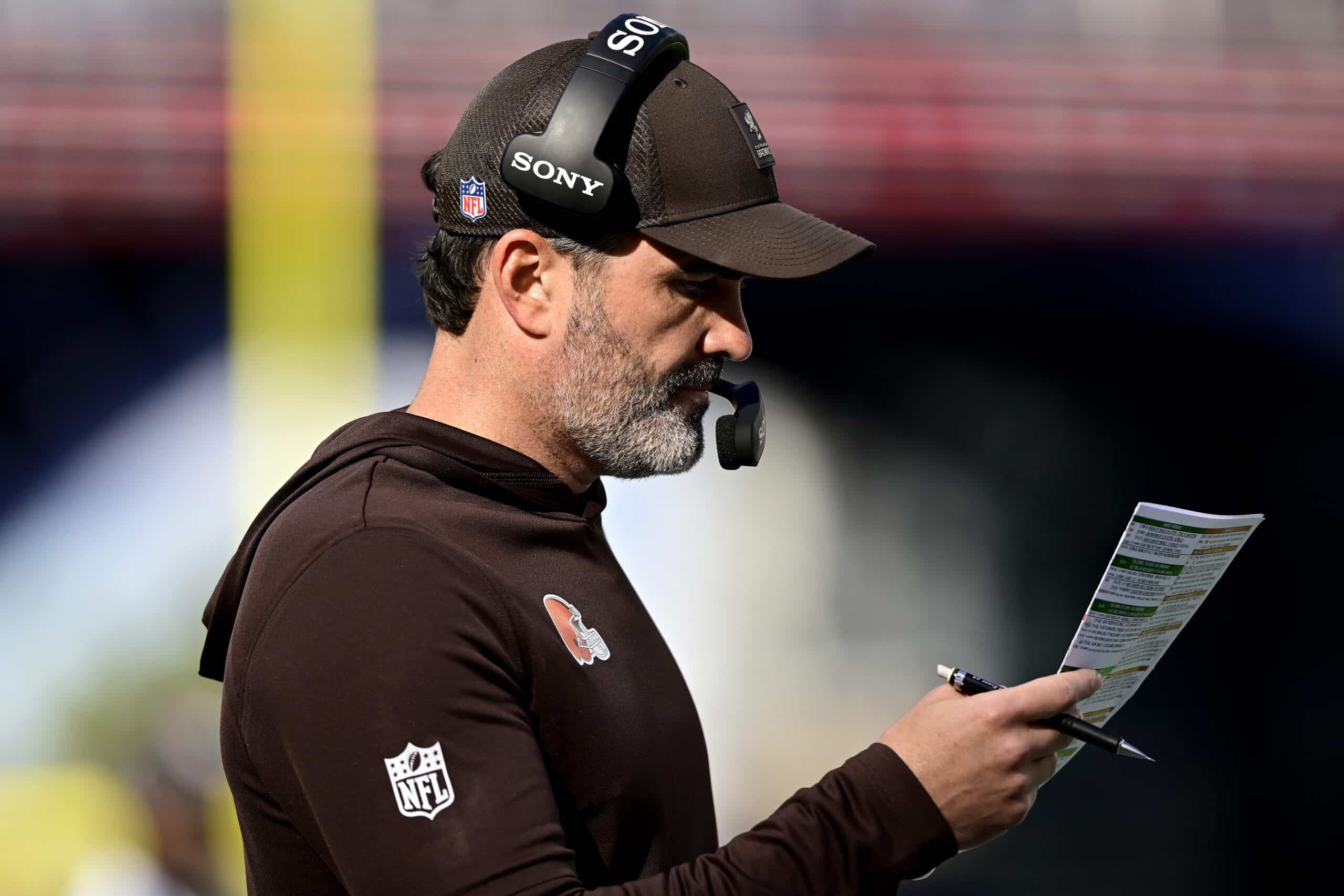 FOXBOROUGH, MASSACHUSETTS - OCTOBER 26: Head coach Kevin Stefanski of the Cleveland Browns looks on during the second quarter in the game against the New England Patriots at Gillette Stadium on October 26, 2025 in Foxborough, Massachusetts.