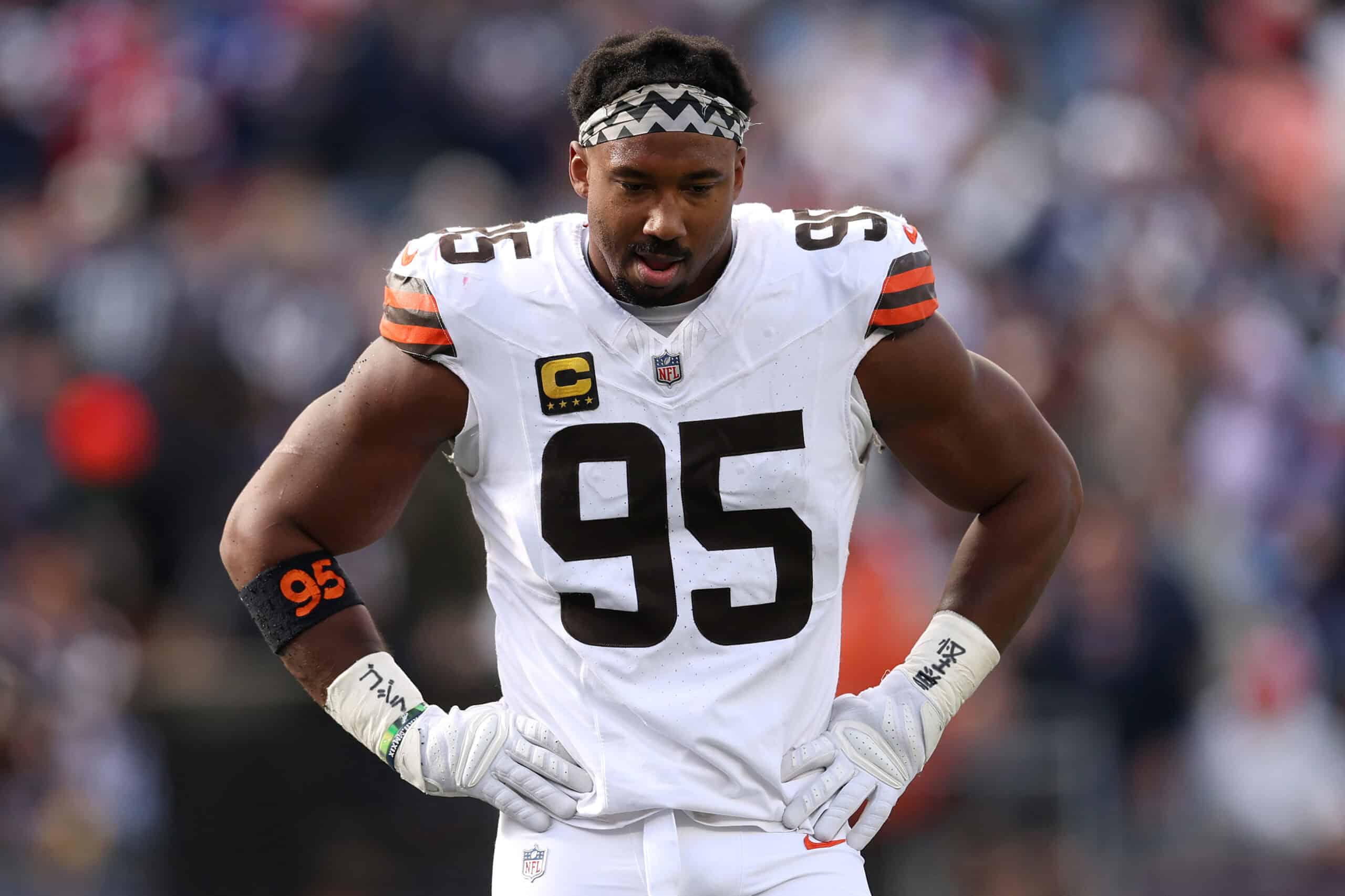 FOXBOROUGH, MASSACHUSETTS - OCTOBER 26: Myles Garrett #95 of the Cleveland Browns looks on during the second quarter in the game against the New England Patriots at Gillette Stadium on October 26, 2025 in Foxborough, Massachusetts