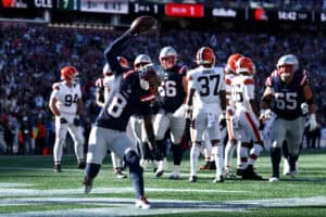 FOXBOROUGH, MASSACHUSETTS - OCTOBER 26: Stefon Diggs #8 of the New England Patriots celebrates after scoring a touchdown against the Cleveland Browns during the third quarter in the game at Gillette Stadium on October 26, 2025 in Foxborough, Massachusetts.