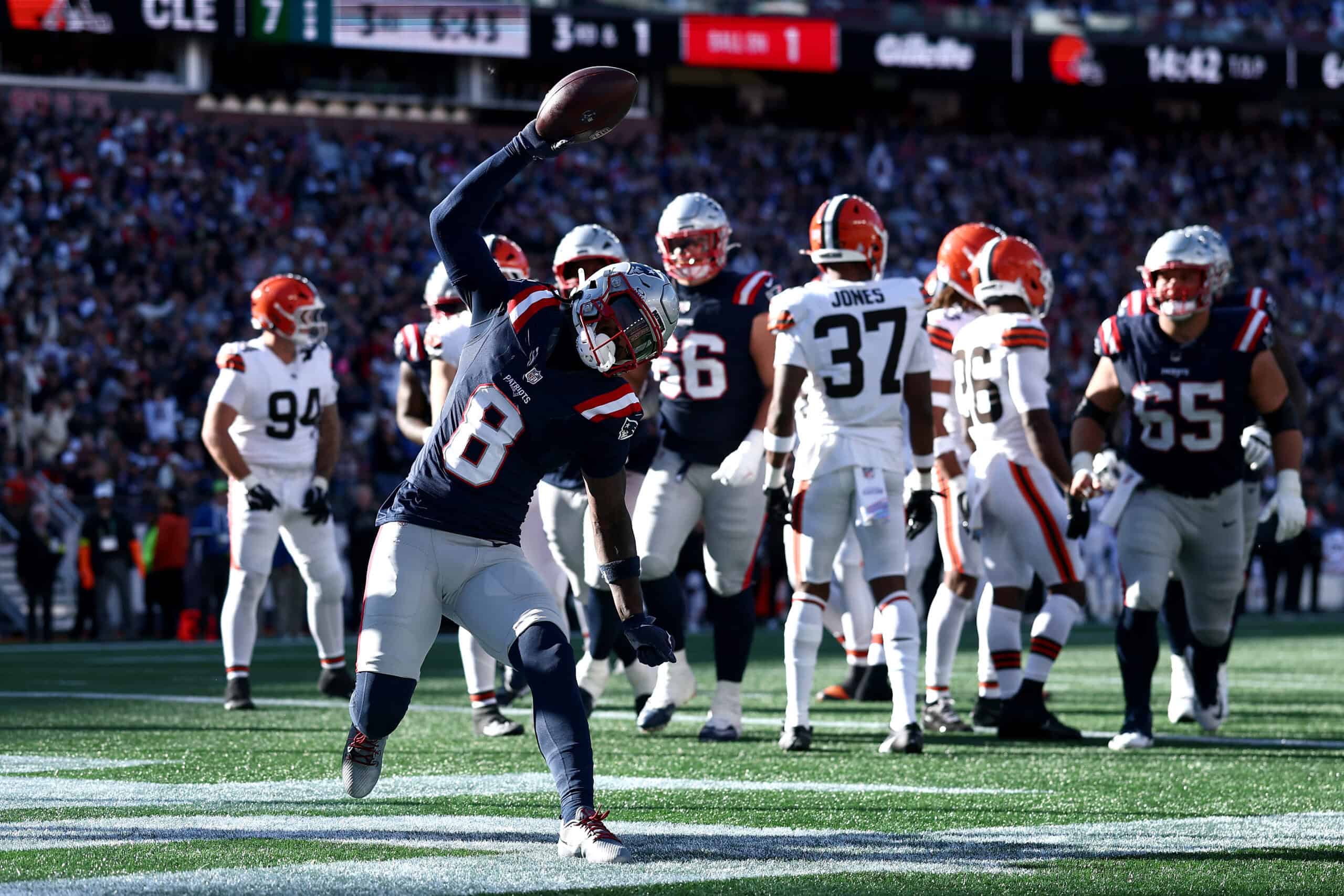 FOXBOROUGH, MASSACHUSETTS - OCTOBER 26: Stefon Diggs #8 of the New England Patriots celebrates after scoring a touchdown against the Cleveland Browns during the third quarter in the game at Gillette Stadium on October 26, 2025 in Foxborough, Massachusetts.