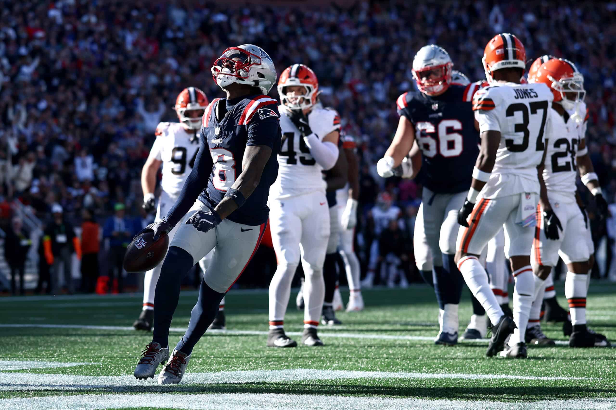 FOXBOROUGH, MASSACHUSETTS - OCTOBER 26: Stefon Diggs #8 of the New England Patriots celebrates after scoring a touchdown against the Cleveland Browns during the third quarter in the game at Gillette Stadium on October 26, 2025 in Foxborough, Massachusetts