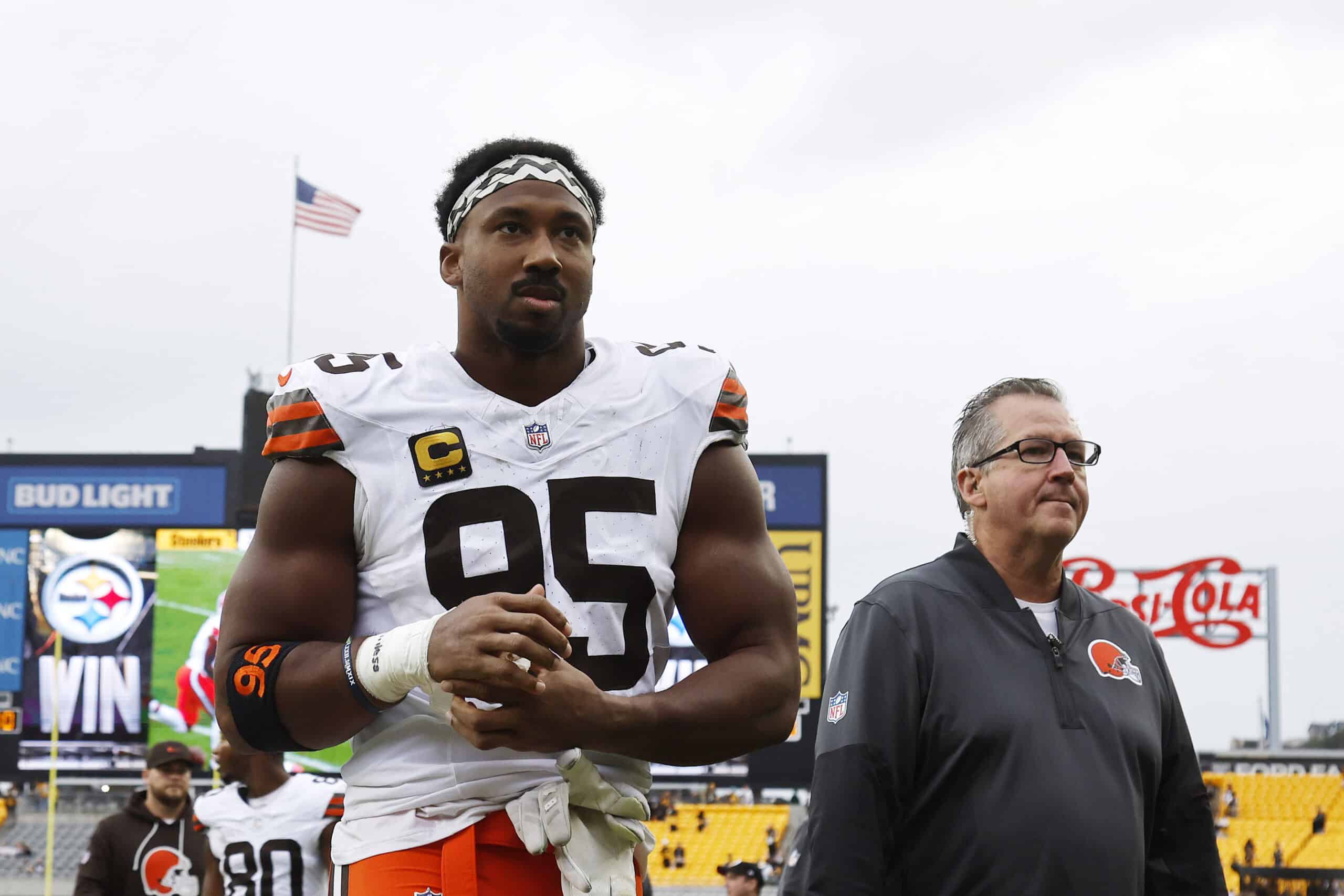 PITTSBURGH, PENNSYLVANIA - OCTOBER 12: Myles Garrett #95 of the Cleveland Browns walks of the field after being defeated by the Pittsburgh Steelers in the game at Acrisure Stadium on October 12, 2025 in Pittsburgh, Pennsylvania.