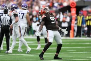 LONDON, ENGLAND - OCTOBER 05: Alex Wright of Cleveland Browns celebrates getting a sack during the third quarter in the NFL 2025 game between Minnesota Vikings and Cleveland Browns at Tottenham Hotspur Stadium on October 05, 2025 in London, England.""