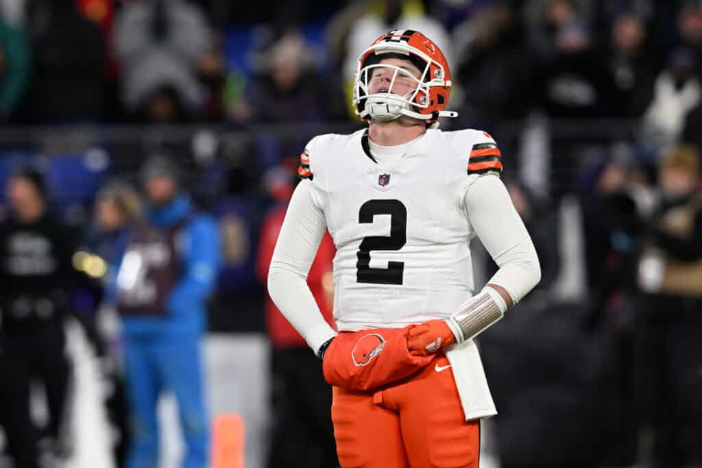 BALTIMORE, MARYLAND - JANUARY 04: Bailey Zappe #2 of the Cleveland Browns reacts after an incomplete pass thrown in the third quarter against the Baltimore Ravens at M&T Bank Stadium on January 04, 2025 in Baltimore, Maryland.