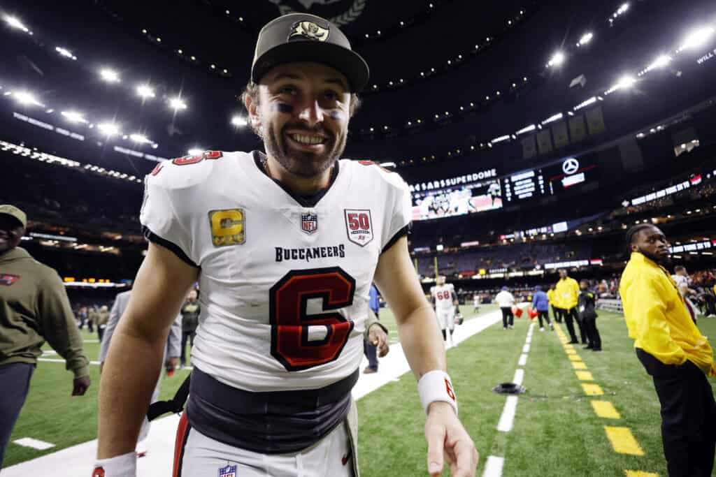 NEW ORLEANS, LOUISIANA - OCTOBER 26: Baker Mayfield #6 of the Tampa Bay Buccaneers walks off the field after his team's 23-3 win against the New Orleans Saints in the game at Caesars Superdome on October 26, 2025 in New Orleans, Louisiana.