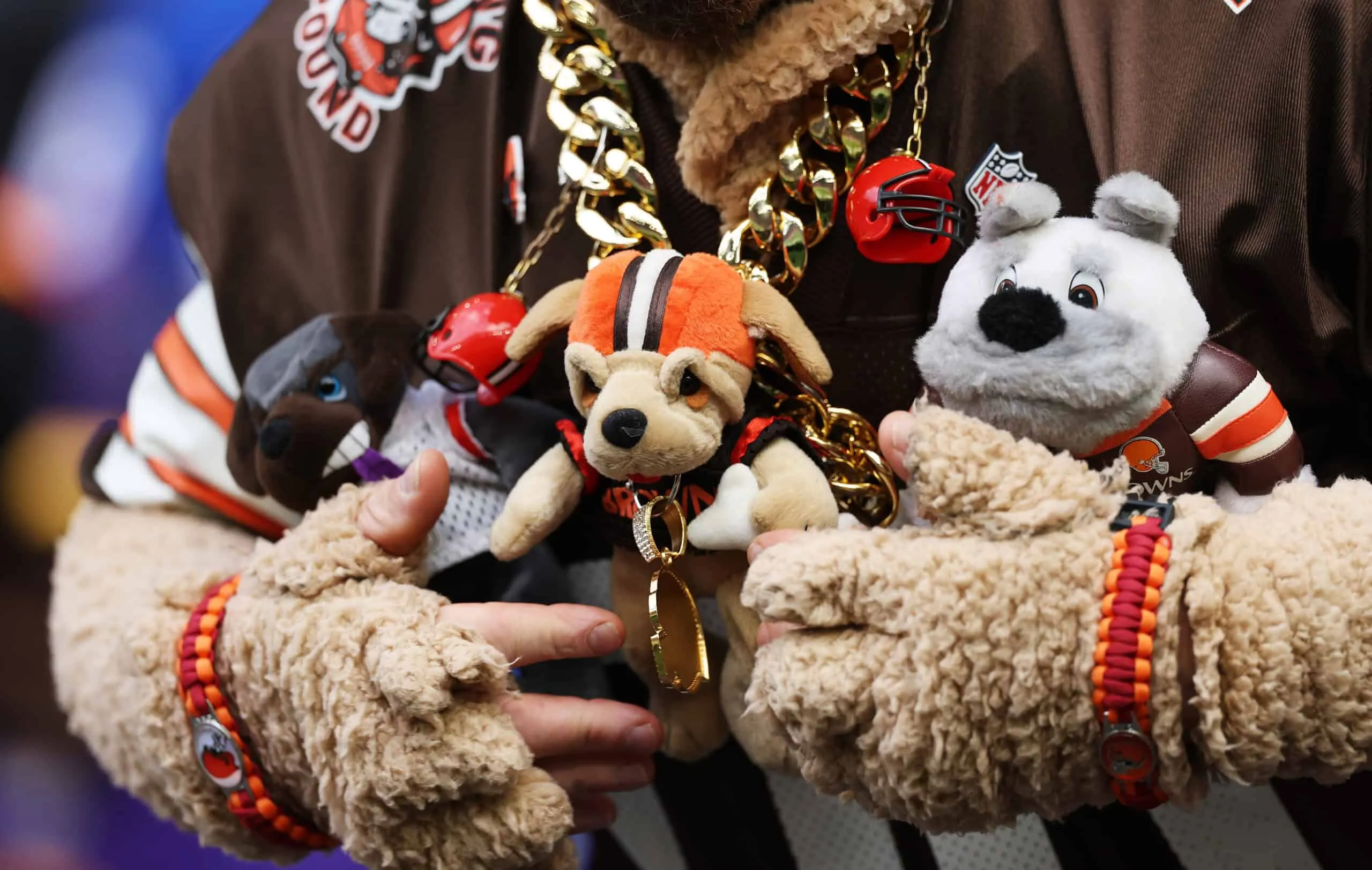 LONDON, ENGLAND - OCTOBER 05: A Cleveland Browns fan wears team merchandise to show support during the NFL 2025 game between Minnesota Vikings and Cleveland Browns at Tottenham Hotspur Stadium on October 05, 2025 in London, England.""