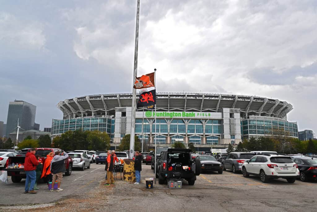 CLEVELAND, OHIO - OCTOBER 19: Fans tailgate prior to a game between the Miami Dolphins and Cleveland Browns at Huntington Bank Field on October 19, 2025 in Cleveland, Ohio.