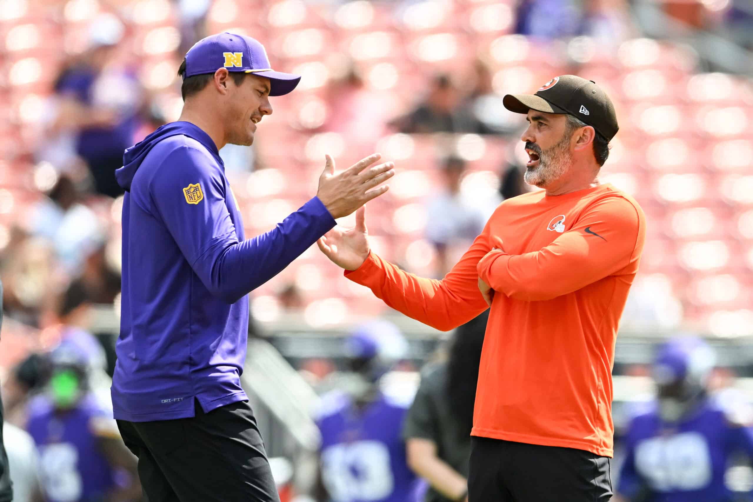 CLEVELAND, OHIO - AUGUST 17: (L-R) Head coach Kevin O'Connell of the Minnesota Vikings shakes hands with head coach Kevin Stefanski of the Cleveland Browns prior to a preseason game at Cleveland Browns Stadium on August 17, 2024 in Cleveland, Ohio.