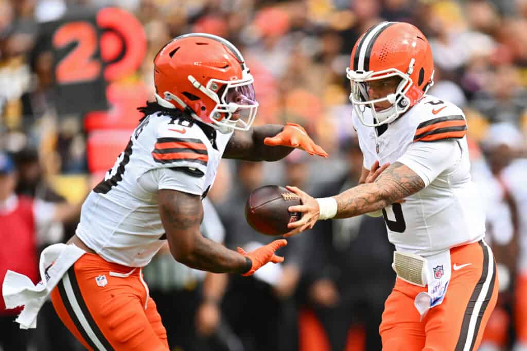 PITTSBURGH, PENNSYLVANIA - OCTOBER 12: Dillon Gabriel #8 of the Cleveland Browns hands off to Quinshon Judkins #10 of the Cleveland Browns during the first quarter in the game at Acrisure Stadium on October 12, 2025 in Pittsburgh, Pennsylvania.