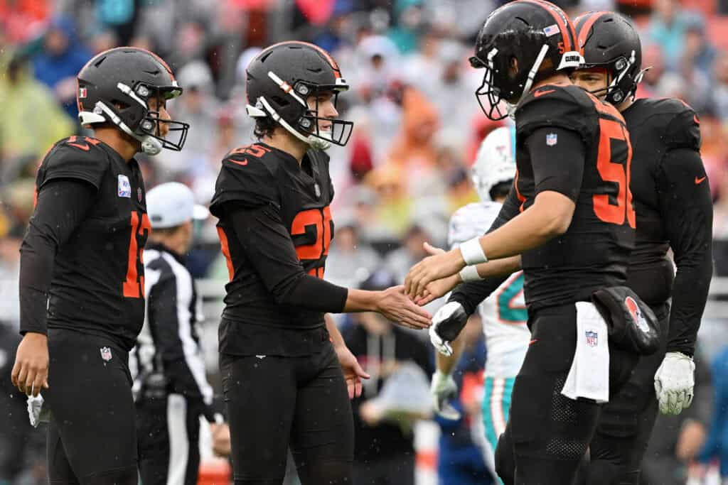 CLEVELAND, OHIO - OCTOBER 19: Andre Szmyt #25 of the Cleveland Browns celebrates after a field goal against the Miami Dolphins during the first half of the game at Huntington Bank Field on October 19, 2025 in Cleveland, Ohio.