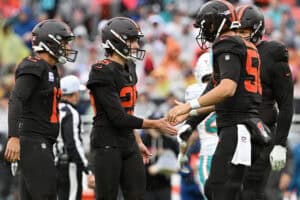 CLEVELAND, OHIO - OCTOBER 19: Andre Szmyt #25 of the Cleveland Browns celebrates after a field goal against the Miami Dolphins during the first half of the game at Huntington Bank Field on October 19, 2025 in Cleveland, Ohio.