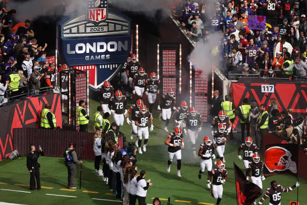 LONDON, ENGLAND - OCTOBER 05: Players of the Cleveland Browns run out of the tunnel prior to the NFL 2025 game between Minnesota Vikings and Cleveland Browns at Tottenham Hotspur Stadium on October 05, 2025 in London, England.""