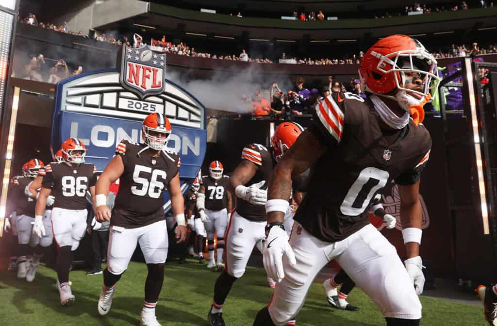 LONDON, ENGLAND - OCTOBER 05: Players of the Cleveland Browns run out of the tunnel prior to the NFL 2025 game between Minnesota Vikings and Cleveland Browns at Tottenham Hotspur Stadium on October 05, 2025 in London, England.""