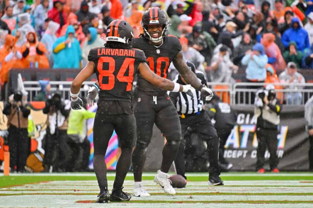 CLEVELAND, OHIO - OCTOBER 19: Quinshon Judkins #10 of the Cleveland Browns celebrates his second quarter touchdown against the Miami Dolphins with teammate Gage Larvadain #84 at Huntington Bank Field on October 19, 2025 in Cleveland, Ohio.