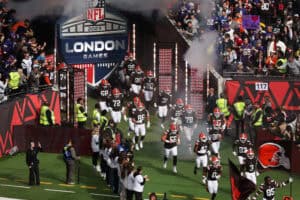 LONDON, ENGLAND - OCTOBER 05: Players of the Cleveland Browns run out of the tunnel prior to the NFL 2025 game between Minnesota Vikings and Cleveland Browns at Tottenham Hotspur Stadium on October 05, 2025 in London, England.""