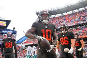 CLEVELAND, OHIO - OCTOBER 19: Quinshon Judkins #10 of the Cleveland Browns reacts after his rushing touchdown in the fourth quarter of a game against the Miami Dolphins at Huntington Bank Field on October 19, 2025 in Cleveland, Ohio.