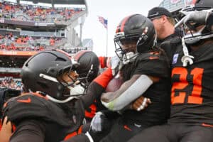 CLEVELAND, OHIO - OCTOBER 19: Rayshawn Jenkins #5 of the Cleveland Browns celebrates with teammates after his interception in the third quarter of a game against the Miami Dolphins at Huntington Bank Field on October 19, 2025 in Cleveland, Ohio.