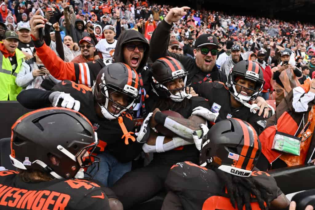 CLEVELAND, OHIO - OCTOBER 19: Rayshawn Jenkins #5 of the Cleveland Browns celebrates with teammates after an interception against the Miami Dolphins during the fourth quarter at Huntington Bank Field on October 19, 2025 in Cleveland, Ohio.