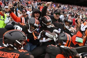 CLEVELAND, OHIO - OCTOBER 19: Rayshawn Jenkins #5 of the Cleveland Browns celebrates with teammates after an interception against the Miami Dolphins during the fourth quarter at Huntington Bank Field on October 19, 2025 in Cleveland, Ohio.