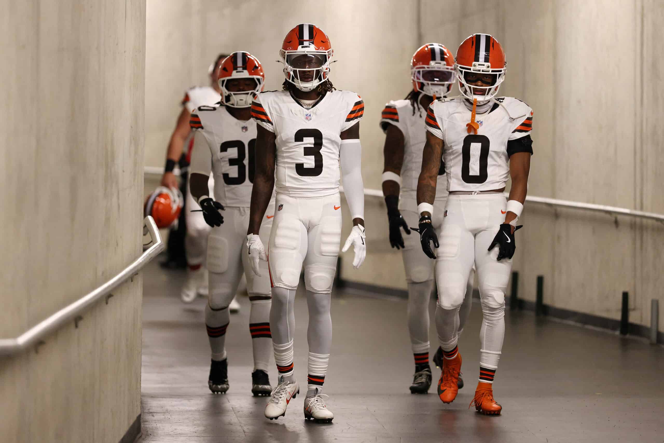 DETROIT, MICHIGAN - SEPTEMBER 28: Jerry Jeudy #3 and Greg Newsome II of the Cleveland Browns walk through the tunnel prior to the game against the Detroit Lions at Ford Field on September 28, 2025 in Detroit, Michigan.