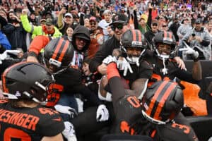 CLEVELAND, OHIO - OCTOBER 19: Rayshawn Jenkins #5 of the Cleveland Browns celebrates with teammates after an interception against the Miami Dolphins during the fourth quarter at Huntington Bank Field on October 19, 2025 in Cleveland, Ohio.