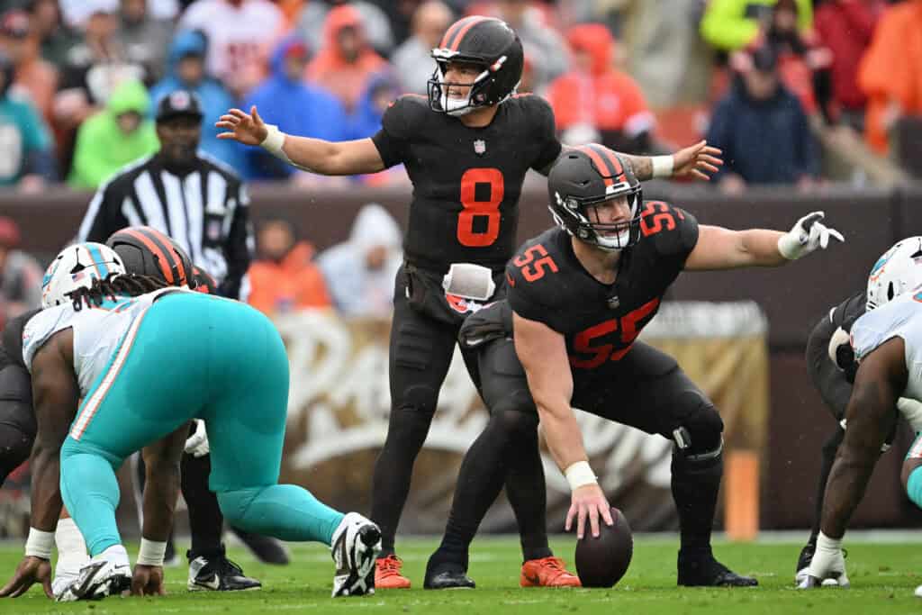 CLEVELAND, OHIO - OCTOBER 19: Dillon Gabriel #8 of the Cleveland Browns reacts at the line of scrimmage against the Miami Dolphins during the first half of the game at Huntington Bank Field on October 19, 2025 in Cleveland, Ohio.