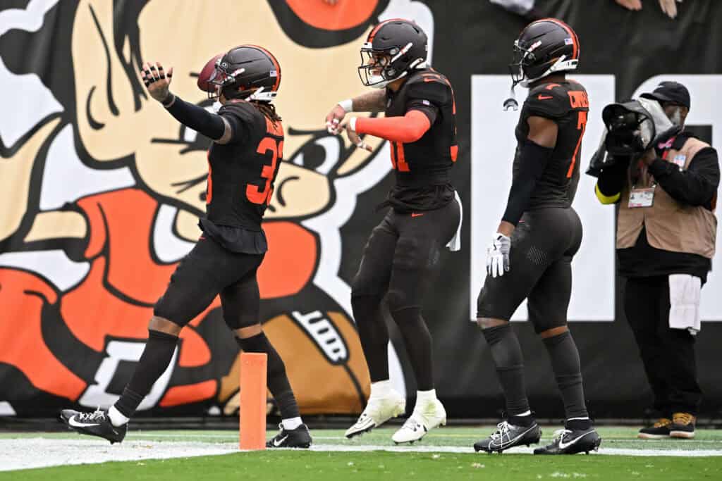 CLEVELAND, OHIO - OCTOBER 19: Ronnie Hickman Jr. #33 of the Cleveland Browns celebrates an interception against the Miami Dolphins during the fourth quarter of the game at Huntington Bank Field on October 19, 2025 in Cleveland, Ohio.