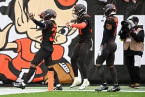 CLEVELAND, OHIO - OCTOBER 19: Ronnie Hickman Jr. #33 of the Cleveland Browns celebrates an interception against the Miami Dolphins during the fourth quarter of the game at Huntington Bank Field on October 19, 2025 in Cleveland, Ohio.
