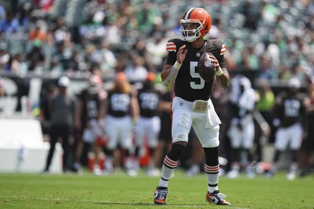 PHILADELPHIA, PENNSYLVANIA - AUGUST 16: Dillon Gabriel #5 of the Cleveland Browns looks to pass the ball against the Philadelphia Eagles in the first half of the NFL Preseason 2025 game at Lincoln Financial Field on August 16, 2025 in Philadelphia, Pennsylvania.
