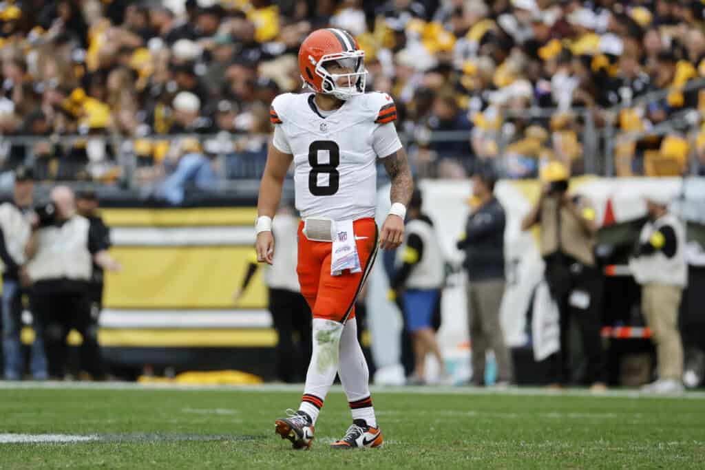 PITTSBURGH, PENNSYLVANIA - OCTOBER 12: Dillon Gabriel #8 of the Cleveland Browns looks on against the Pittsburgh Steelers during the third quarter in the game at Acrisure Stadium on October 12, 2025 in Pittsburgh, Pennsylvania.