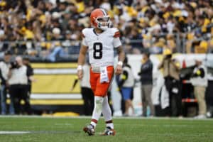 PITTSBURGH, PENNSYLVANIA - OCTOBER 12: Dillon Gabriel #8 of the Cleveland Browns looks on against the Pittsburgh Steelers during the third quarter in the game at Acrisure Stadium on October 12, 2025 in Pittsburgh, Pennsylvania.