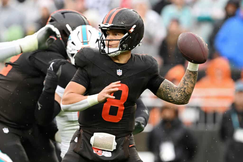 CLEVELAND, OHIO - OCTOBER 19: Dillon Gabriel #8 of the Cleveland Browns throws a pass against the Miami Dolphins during the second quarter of the game at Huntington Bank Field on October 19, 2025 in Cleveland, Ohio.