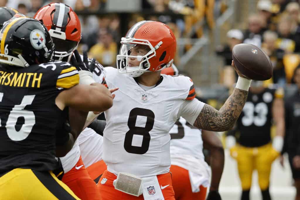 PITTSBURGH, PENNSYLVANIA - OCTOBER 12: Dillon Gabriel #8 of the Cleveland Browns passes against the Pittsburgh Steelers during the first quarter in the game at Acrisure Stadium on October 12, 2025 in Pittsburgh, Pennsylvania.
