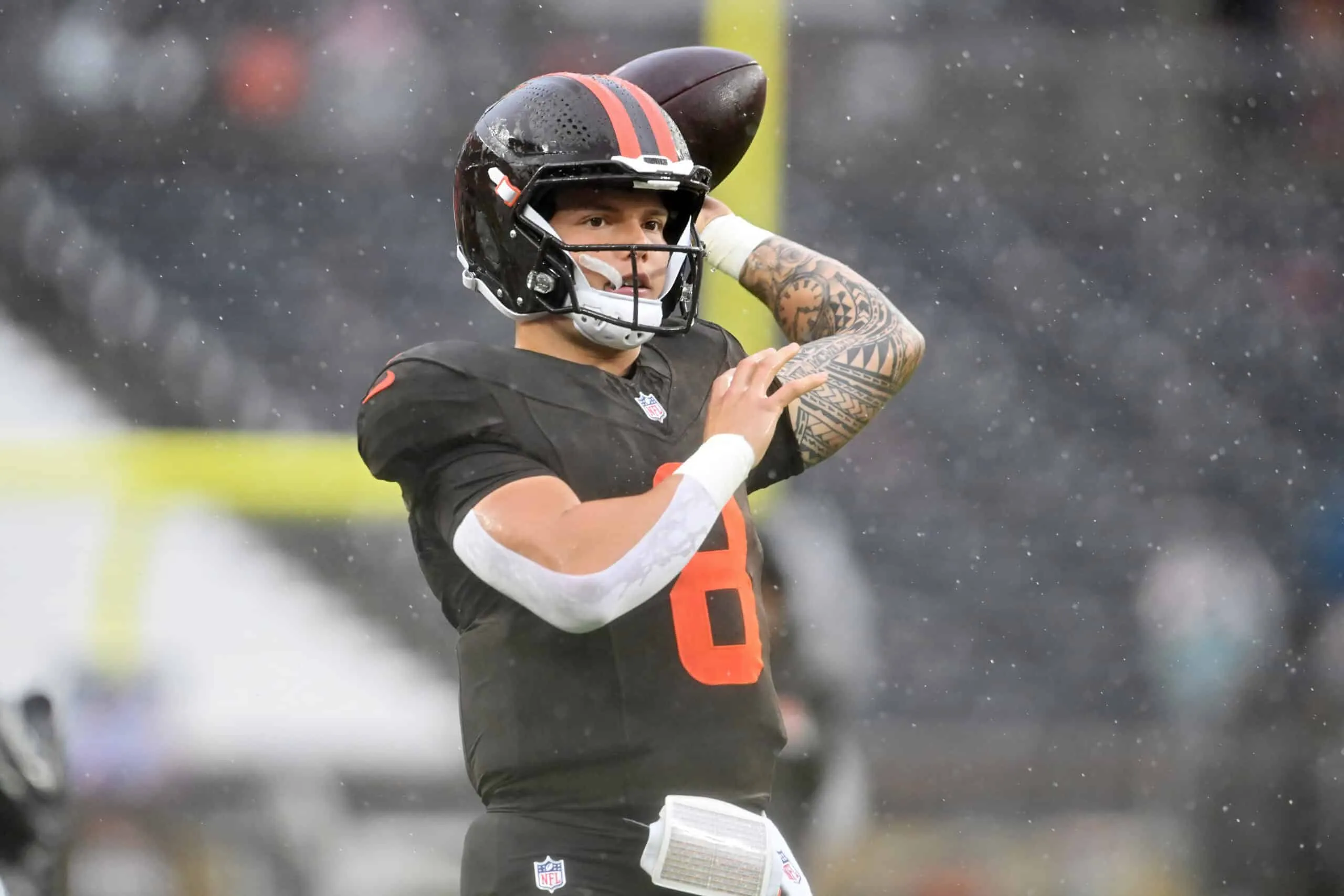 CLEVELAND, OHIO - OCTOBER 19: Dillon Gabriel #8 of the Cleveland Browns warms up prior to a game against the Miami Dolphins at Huntington Bank Field on October 19, 2025 in Cleveland, Ohio.