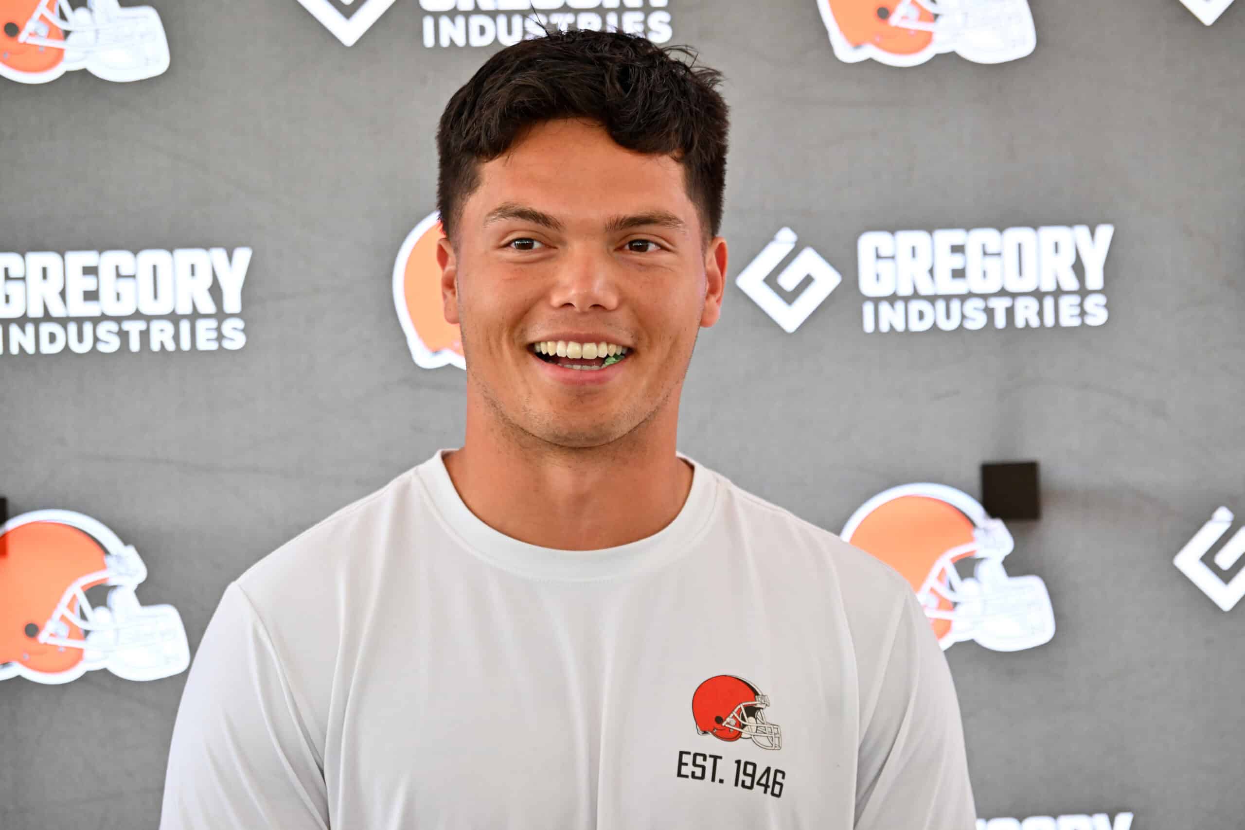 BEREA, OHIO - JULY 25: Quarterback Dillon Gabriel #5 of the Cleveland Browns talks to reporters during training camp at CrossCountry Mortgage Campus on July 25, 2025 in Berea, Ohio.