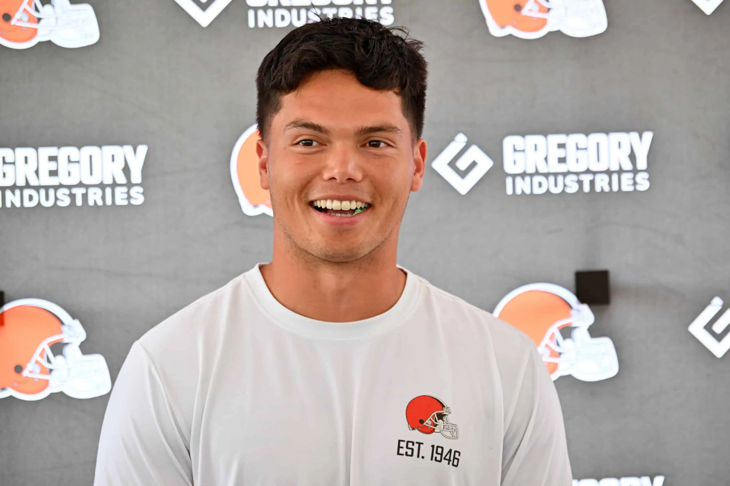 BEREA, OHIO - JULY 25: Quarterback Dillon Gabriel #5 of the Cleveland Browns talks to reporters during training camp at CrossCountry Mortgage Campus on July 25, 2025 in Berea, Ohio.