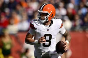 FOXBOROUGH, MASSACHUSETTS - OCTOBER 26: Dillon Gabriel #8 of the Cleveland Browns scrambles with the ball against the New England Patriots during the second quarter in the game at Gillette Stadium on October 26, 2025 in Foxborough, Massachusetts.