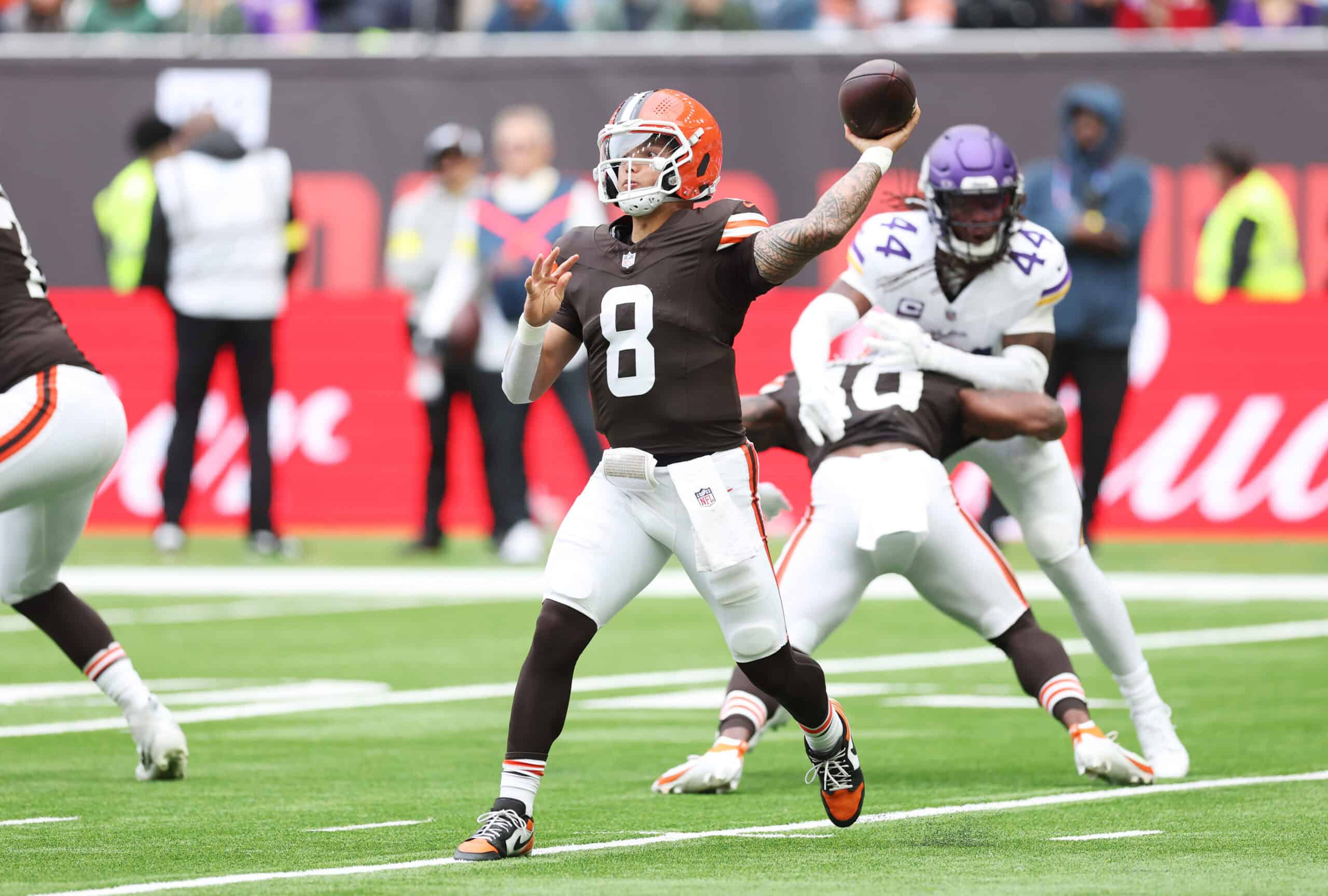 LONDON, ENGLAND - OCTOBER 05: Dillon Gabriel of the Cleveland Browns throws the ball during the third quarter in the NFL 2025 game between Minnesota Vikings and Cleveland Browns at Tottenham Hotspur Stadium on October 05, 2025 in London, England.""