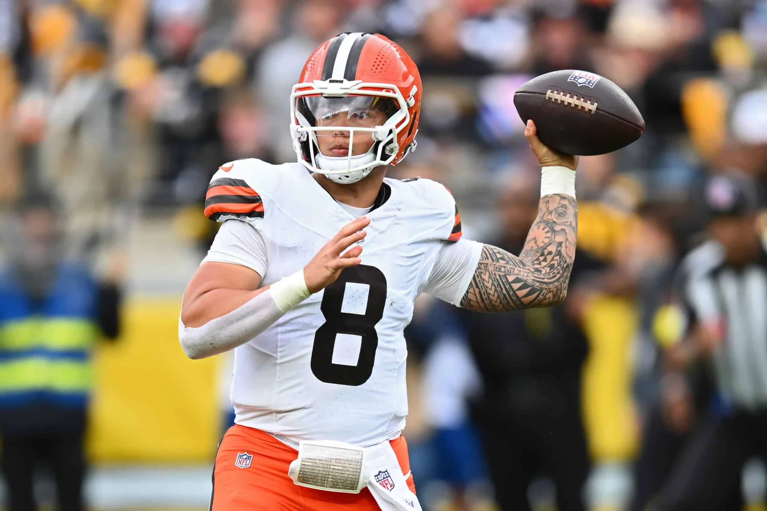 PITTSBURGH, PENNSYLVANIA - OCTOBER 12: Dillon Gabriel #8 of the Cleveland Browns passes against the Pittsburgh Steelers during the second quarter in the game at Acrisure Stadium on October 12, 2025 in Pittsburgh, Pennsylvania.