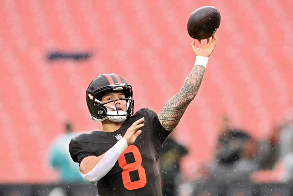 CLEVELAND, OHIO - OCTOBER 19: Dillon Gabriel #8 of the Cleveland Browns warms up prior to a game against the Miami Dolphins at Huntington Bank Field on October 19, 2025 in Cleveland, Ohio.