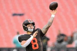 CLEVELAND, OHIO - OCTOBER 19: Dillon Gabriel #8 of the Cleveland Browns warms up prior to a game against the Miami Dolphins at Huntington Bank Field on October 19, 2025 in Cleveland, Ohio.