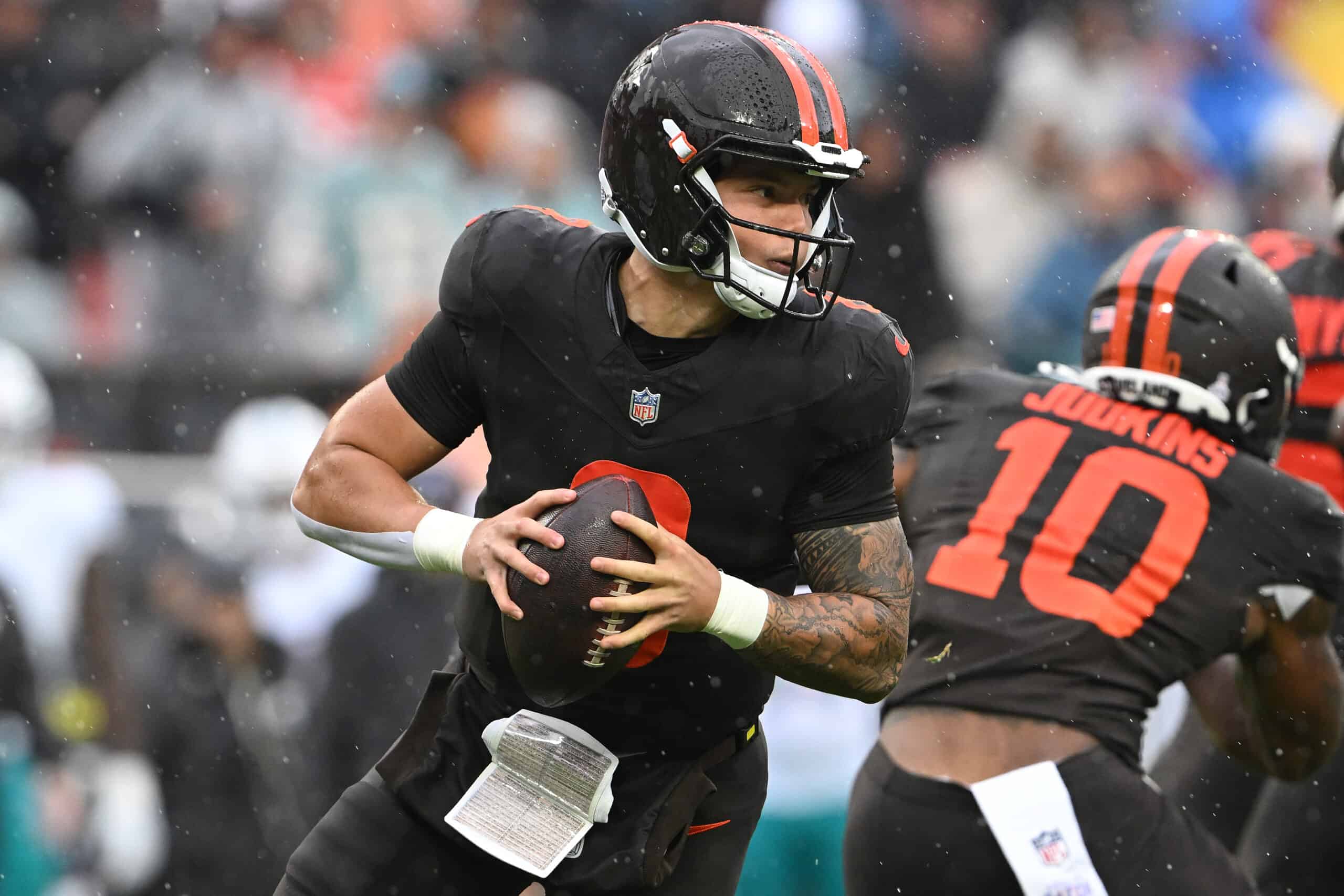 CLEVELAND, OHIO - OCTOBER 19: Dillon Gabriel #8 of the Cleveland Browns looks to pass in the game against the Miami Dolphins at Huntington Bank Field on October 19, 2025 in Cleveland, Ohio.
