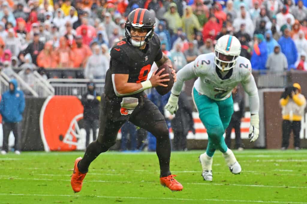 CLEVELAND, OHIO - OCTOBER 19: Dillon Gabriel #8 of the Cleveland Browns looks to pass against the Miami Dolphins during the second quarter of the game at Huntington Bank Field on October 19, 2025 in Cleveland, Ohio.