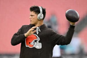 CLEVELAND, OHIO - OCTOBER 19: Dillon Gabriel #8 of the Cleveland Browns warms up prior to a game against the Miami Dolphins at Huntington Bank Field on October 19, 2025 in Cleveland, Ohio.