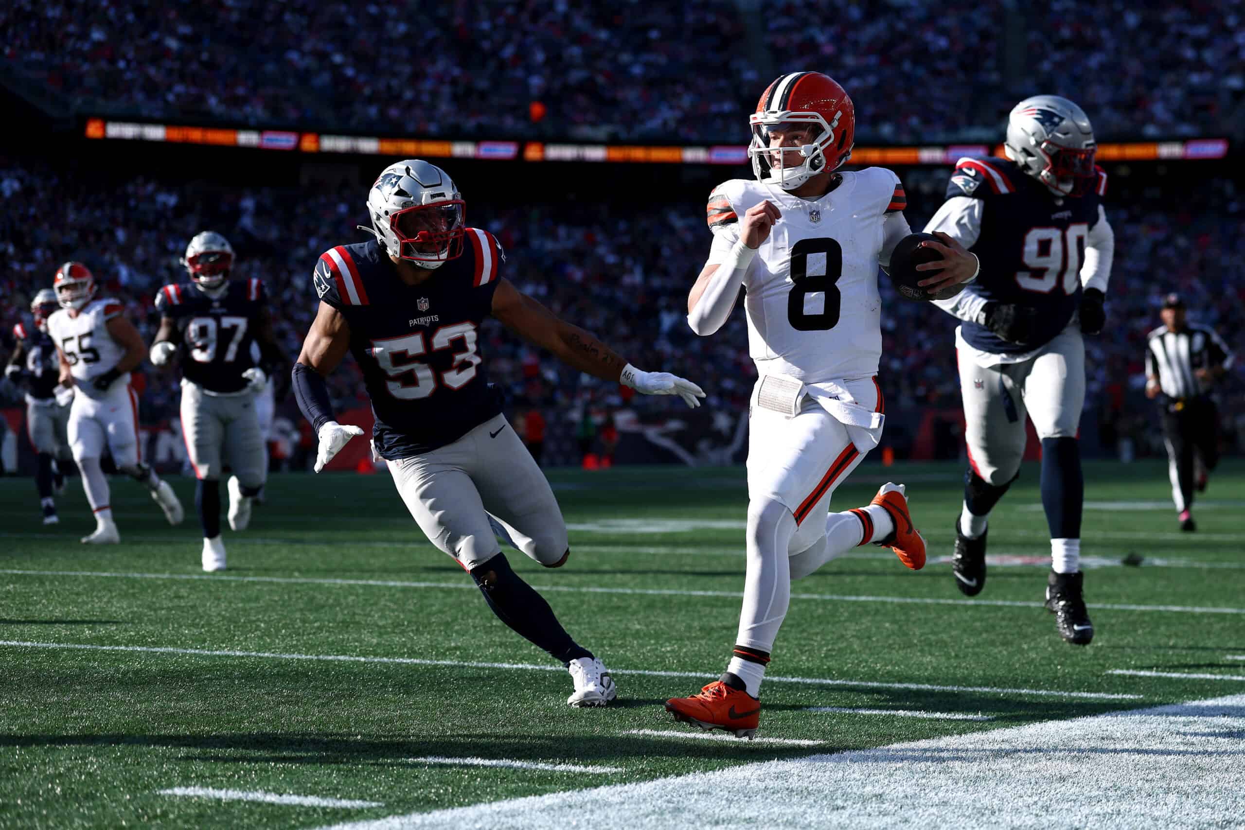 FOXBOROUGH, MASSACHUSETTS - OCTOBER 26: Dillon Gabriel #8 of the Cleveland Browns scrambles against the New England Patriots during the fourth quarter in the game at Gillette Stadium on October 26, 2025 in Foxborough, Massachusetts.