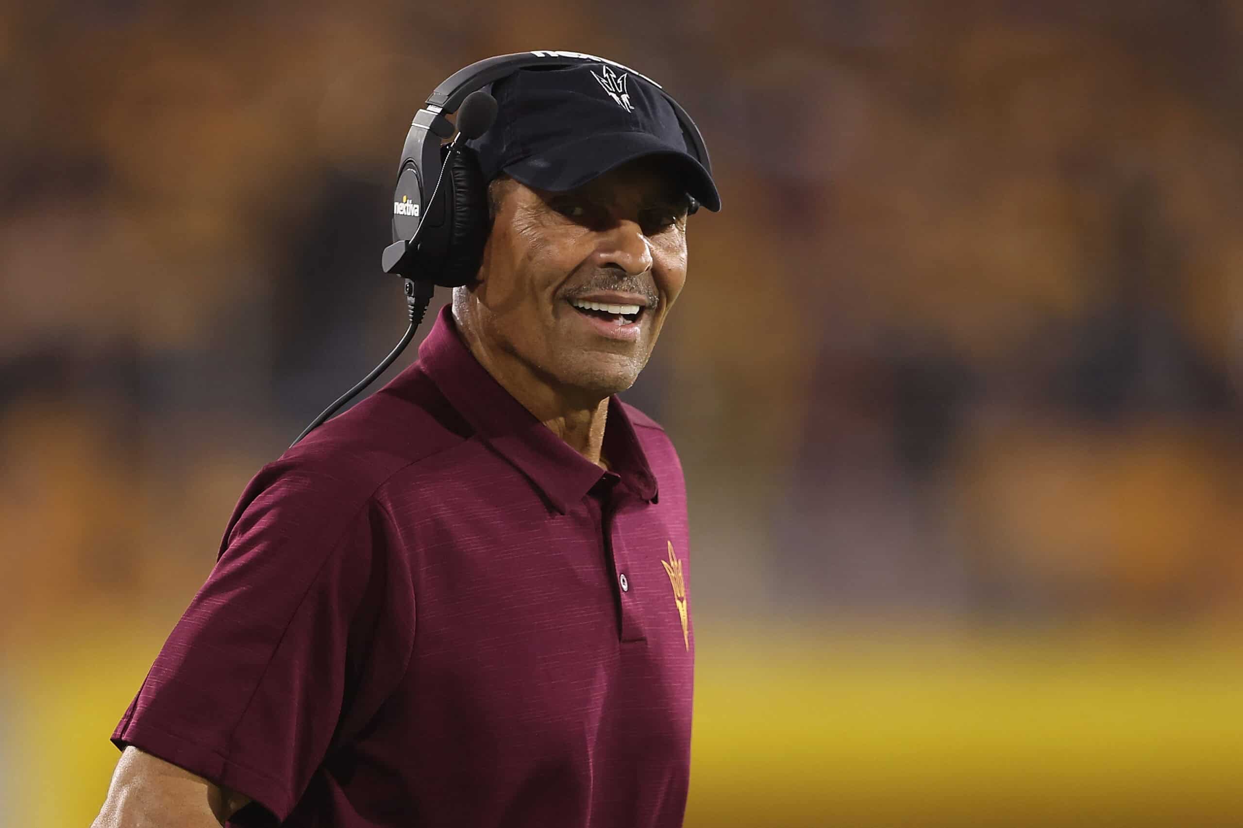 TEMPE, ARIZONA - SEPTEMBER 01: Head coach Herm Edwards of the Arizona State Sun Devils reacts during the first half of the NCAAF game against the Northern Arizona Lumberjacks at Sun Devil Stadium on September 01, 2022 in Tempe, Arizona.