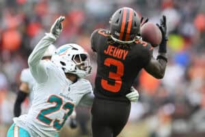 CLEVELAND, OHIO - OCTOBER 19: Jack Jones #23 of the Miami Dolphins breaks up a pass intended for Jerry Jeudy #3 of the Cleveland Browns during the second half of the game at Huntington Bank Field on October 19, 2025 in Cleveland, Ohio.