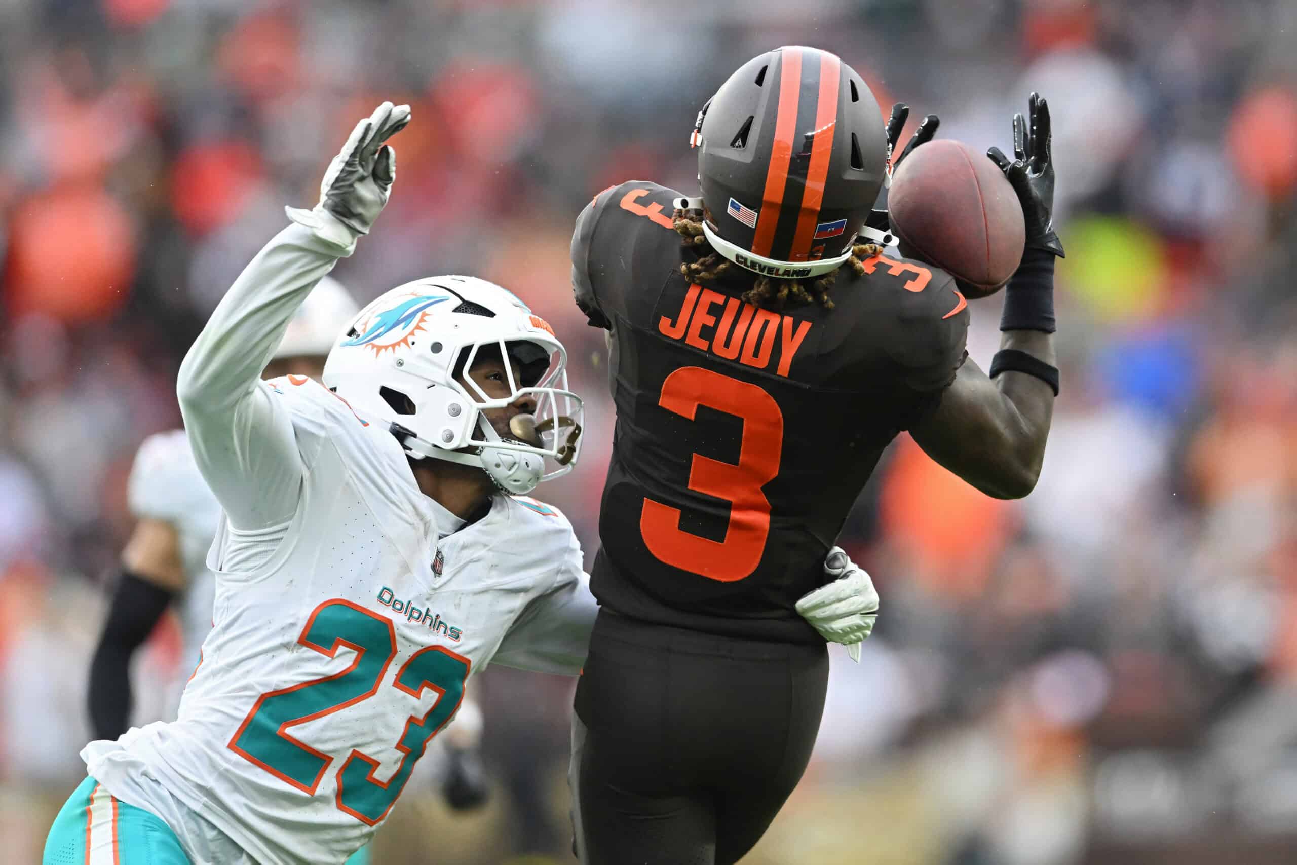 CLEVELAND, OHIO - OCTOBER 19: Jack Jones #23 of the Miami Dolphins breaks up a pass intended for Jerry Jeudy #3 of the Cleveland Browns during the second half of the game at Huntington Bank Field on October 19, 2025 in Cleveland, Ohio.
