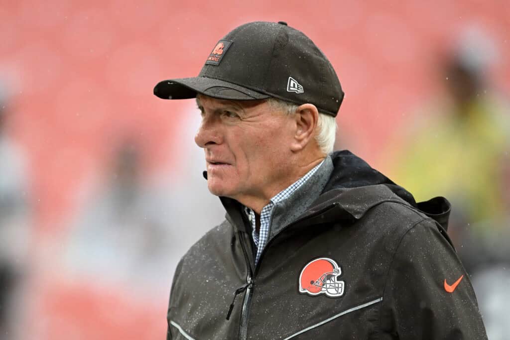 CLEVELAND, OHIO - OCTOBER 19: Owner Jimmy Haslam of the Cleveland Browns looks on during the game against the Miami Dolphins at Huntington Bank Field on October 19, 2025 in Cleveland, Ohio.
